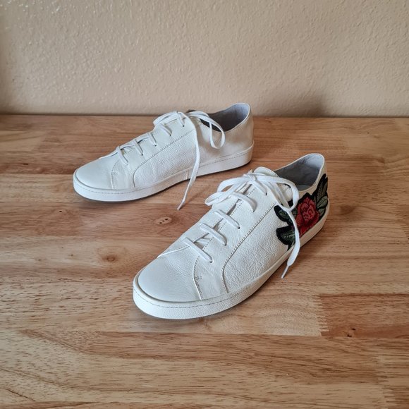 Joie Daryl Floral Embroidered White Leather Sneakers Low Top Rose Ivory 9US 39EU - Picture 3 of 8